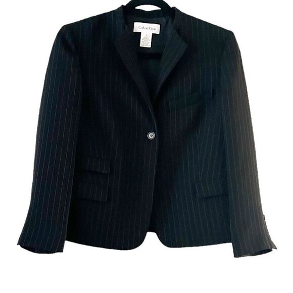Calvin Klein Black Pinstripe Suit Blazer Size 4 Pants Size 8 - Picture 2 of 16
